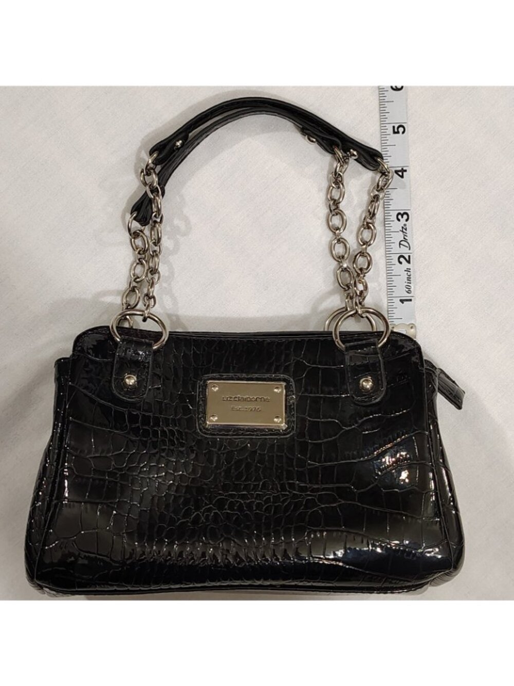 Liz Claiborne Handbag Purse Black 9"x6" Faux Croc Leather Shiny Pockets Chain - Picture 12 of 16